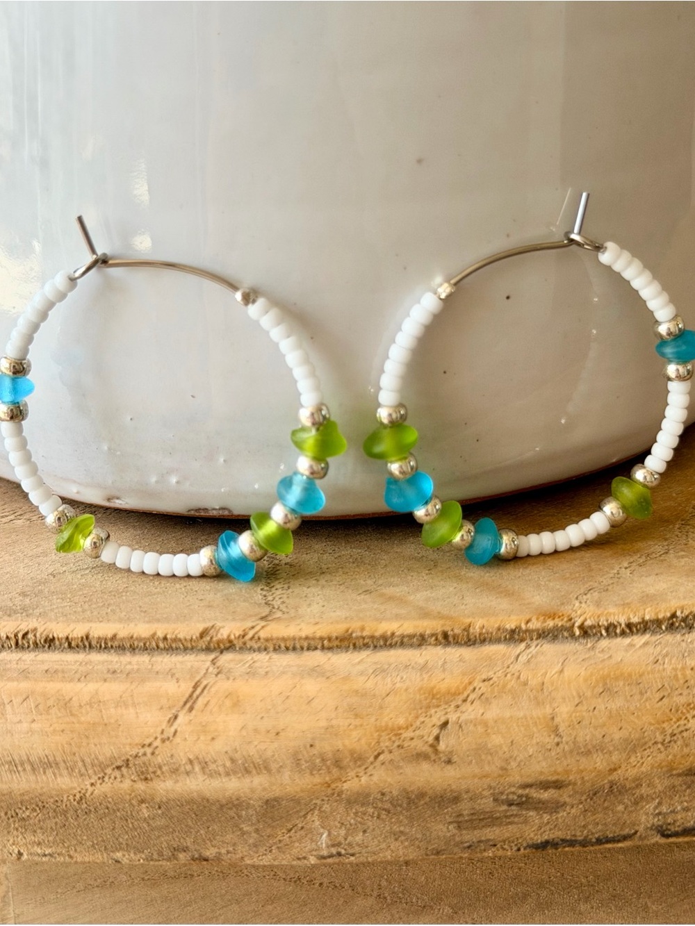 White and Glass Bead Hoop Earrings